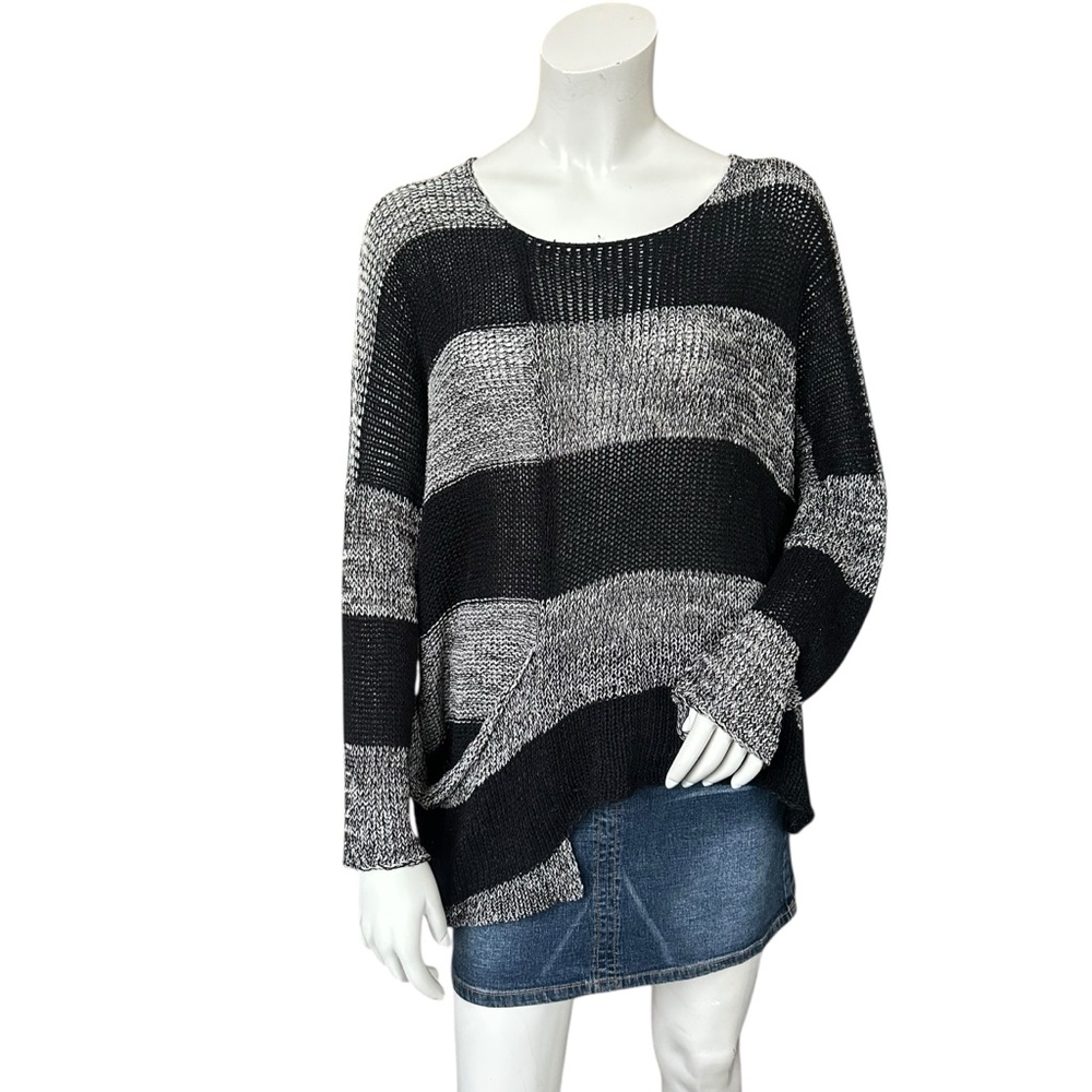 Alembika Black Grey Striped Pocket Hem Drop Shoulder Slouchy Sweater Size Small